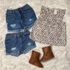 12-18 & 18-24 Month Denim Old Navy Shorts. HM 9 Month Leopard Top. 6-12 boots